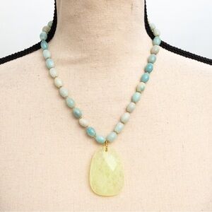 Seafoam jade green color beaded necklace large faceted stone pendant by George